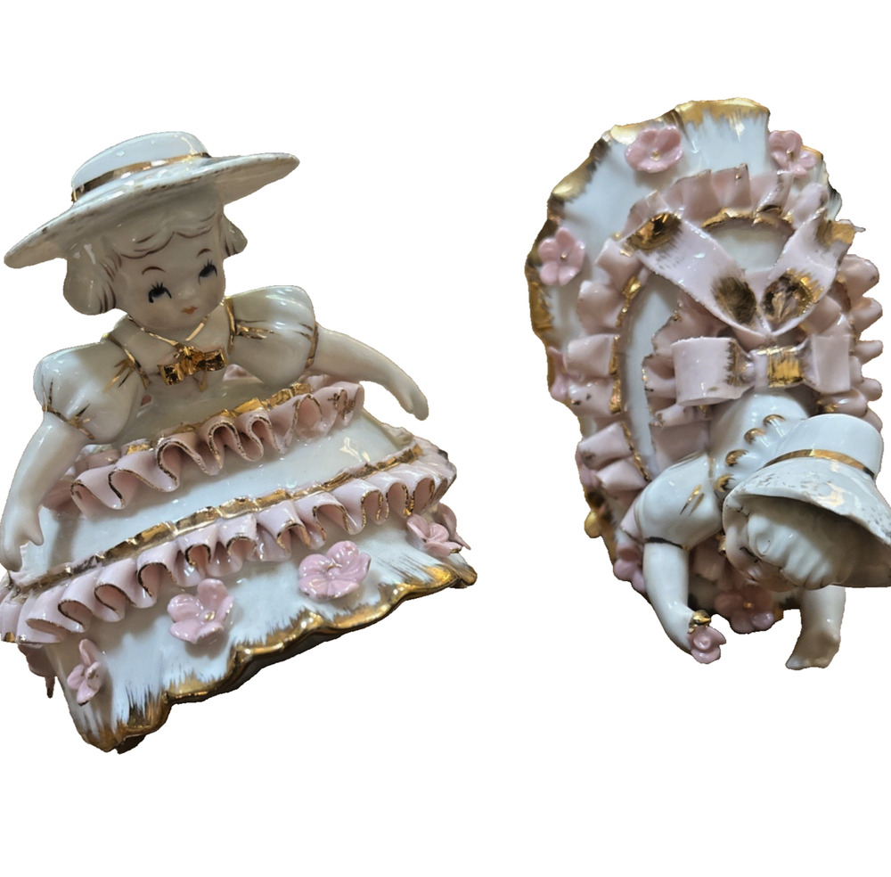 Lefton Bloomer Girls by Geo Z Figurine Gold Pink Dress 50s Victorian FLAW READ